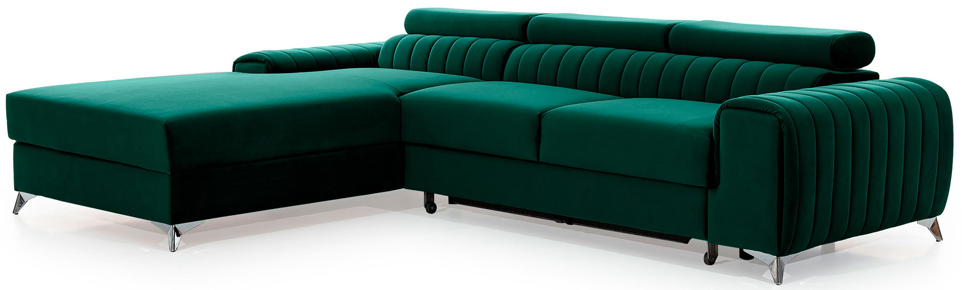 Narożnik Grayson Nube 35 zielony, układ lewy – widok z boku, ozdobne pionowe przeszycia i chromowane nóżki w nowoczesnym stylu.