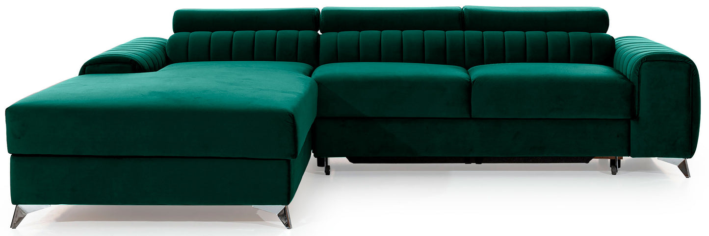 Narożnik Grayson w kolorze Nube 35 zielony, układ lewy – elegancki design z pionowymi przeszyciami i metalowymi nogami, widok z przodu.