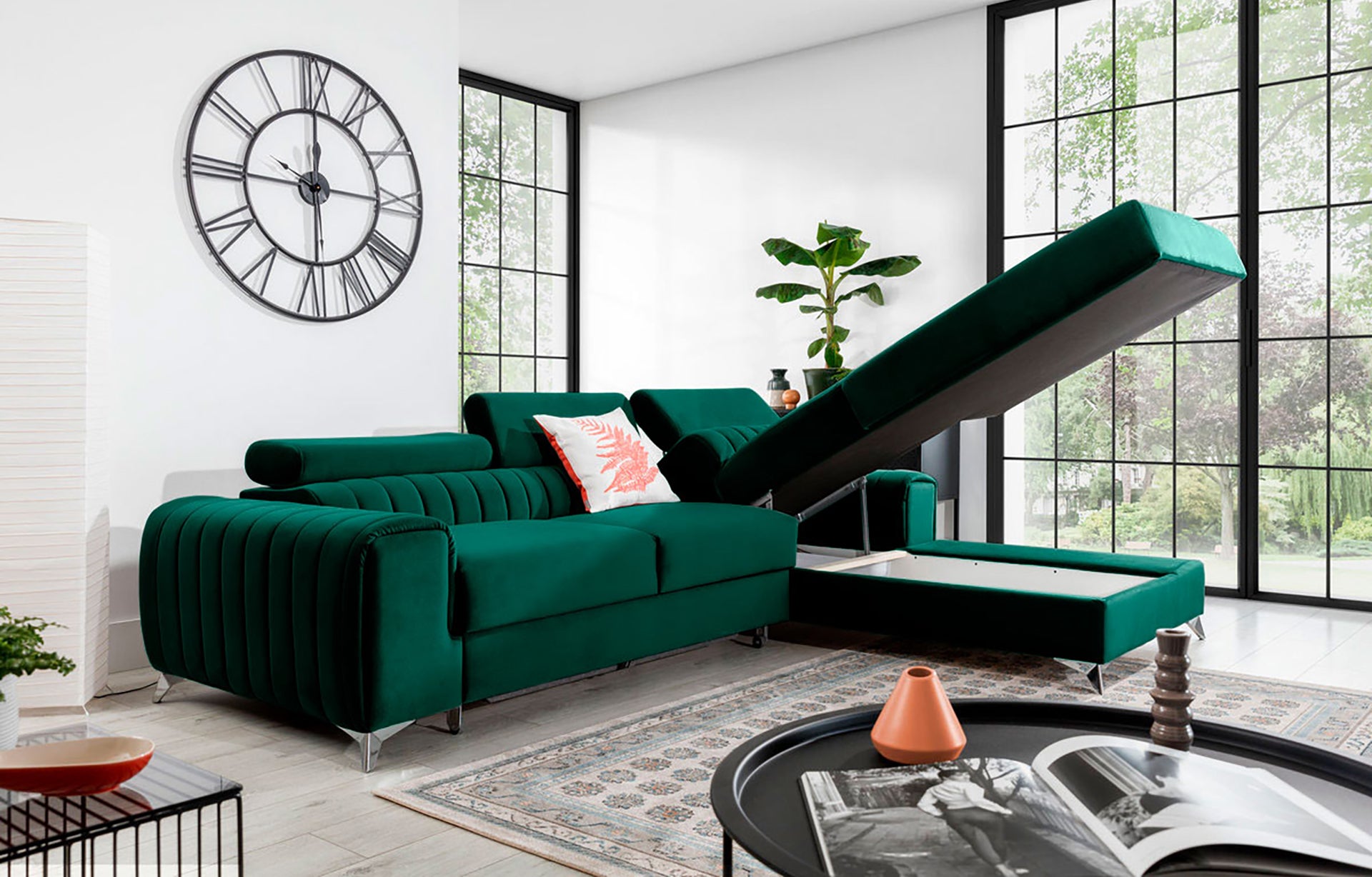 Narożnik Grayson Nube 35 zielony z otwartym pojemnikiem na pościel – funkcjonalny szezlong w układzie prawym.