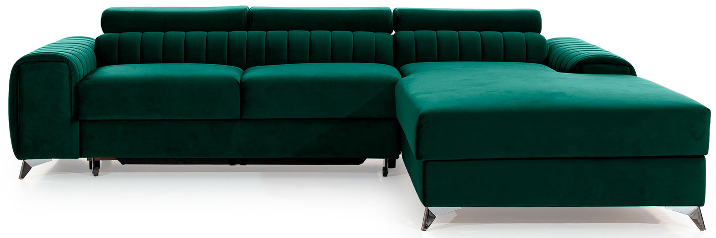 Narożnik Grayson w kolorze Nube 35 zielony, układ prawy – elegancki design z pionowymi przeszyciami i metalowymi nogami, widok z przodu.