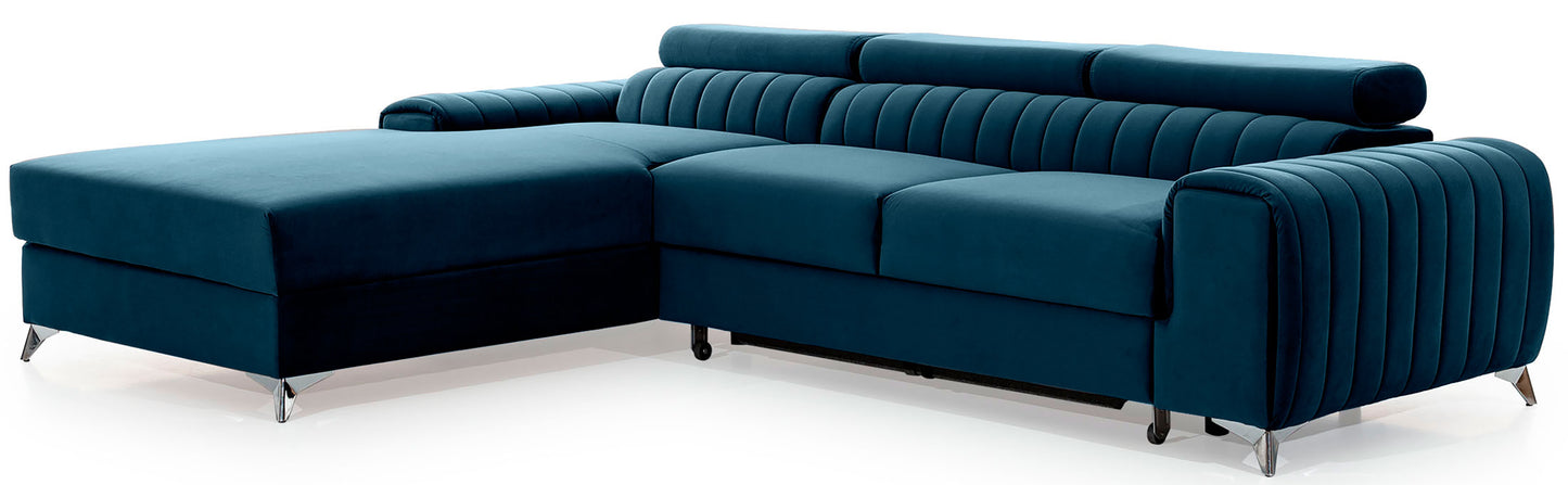 Narożnik Grayson Nube 40 granatowy, układ lewy – widok z boku, ozdobne pionowe przeszycia i chromowane nóżki w nowoczesnym stylu.