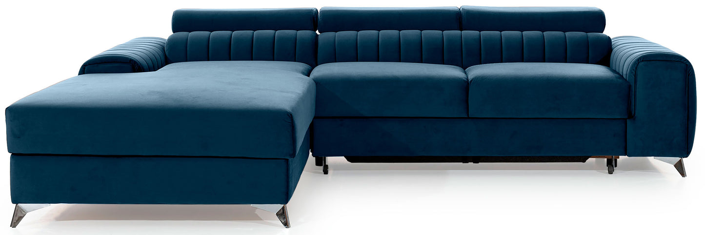 Narożnik Grayson w kolorze Nube 40 granatowy, układ lewy – elegancki design z pionowymi przeszyciami i metalowymi nogami, widok z przodu.