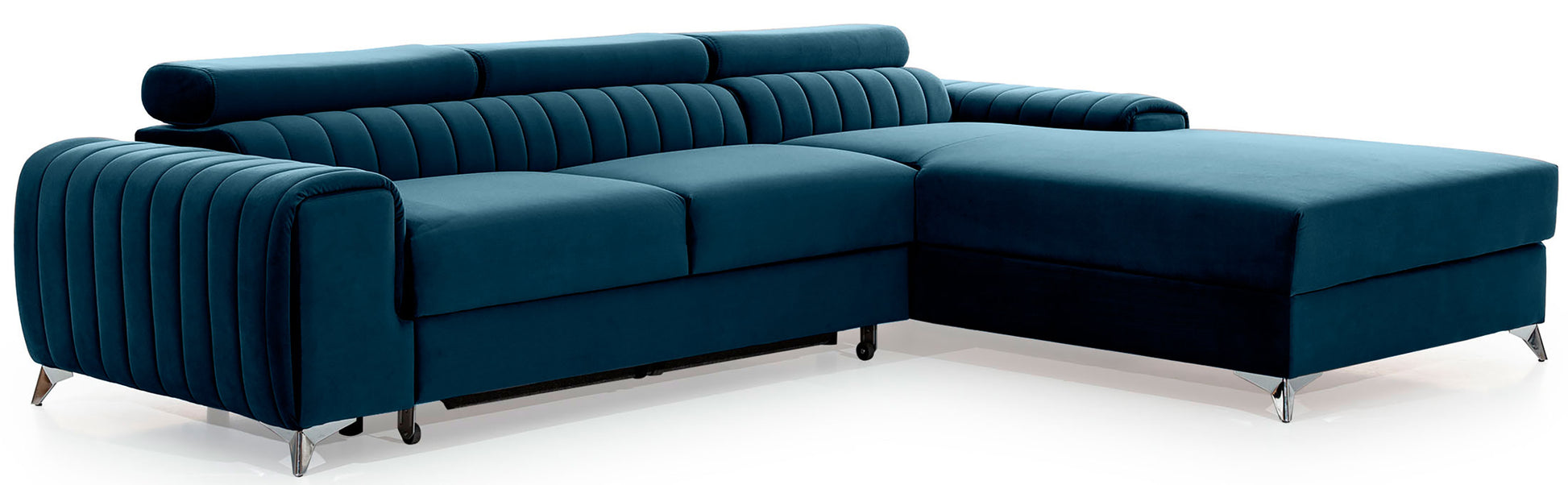 Narożnik Grayson Nube 40 granatowy, układ prawy – widok z boku, ozdobne pionowe przeszycia i chromowane nóżki w nowoczesnym stylu.