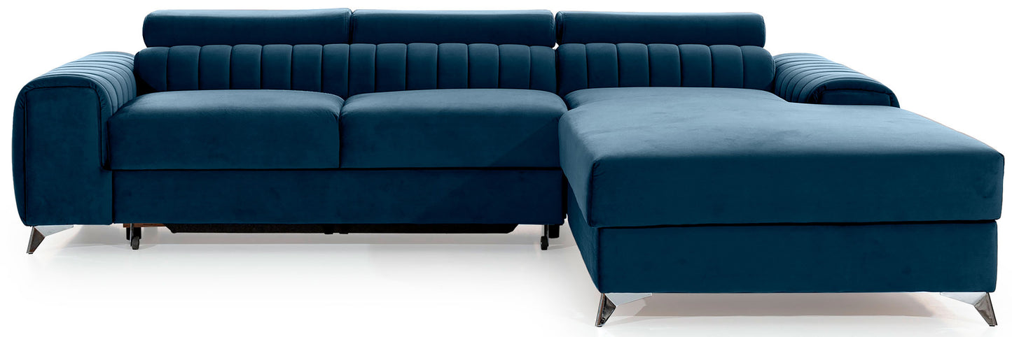 Narożnik Grayson w kolorze Nube 40 granatowy, układ prawy – nowoczesny design z pionowymi przeszyciami i metalowymi nogami, widok z przodu.