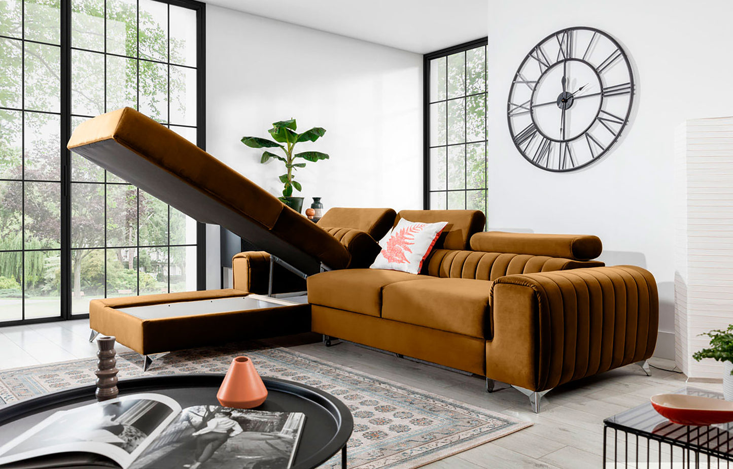 Narożnik Grayson Nube 45 żółty z otwartym pojemnikiem na pościel – praktyczny szezlong w układzie lewym.