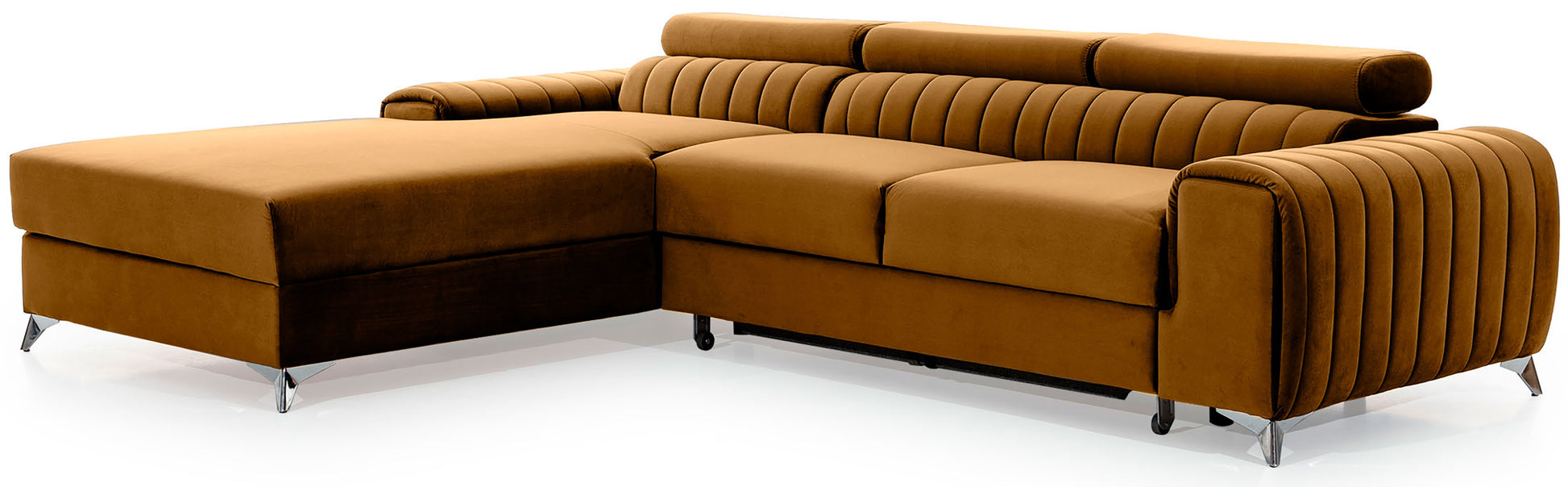 Narożnik Grayson Nube 45 żółty, układ lewy – widok z boku, ozdobne pionowe przeszycia i chromowane nóżki w nowoczesnym stylu.