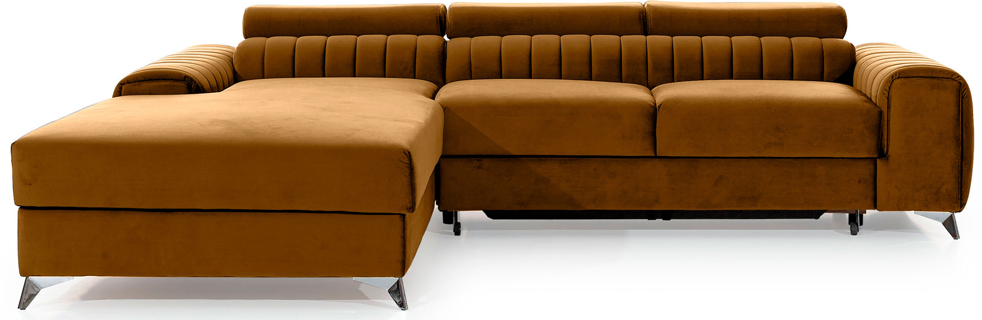 Narożnik Grayson w kolorze Nube 45 żółty, układ lewy – elegancki design z pionowymi przeszyciami i metalowymi nogami, widok z przodu.