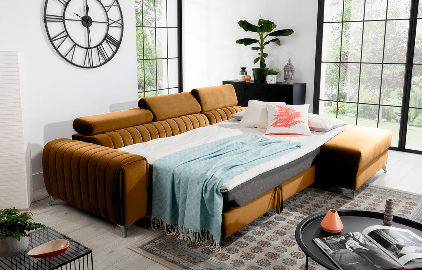 Narożnik Grayson Nube 45 żółty rozłożony do funkcji spania – komfortowa powierzchnia do snu w eleganckiej aranżacji wnętrza.