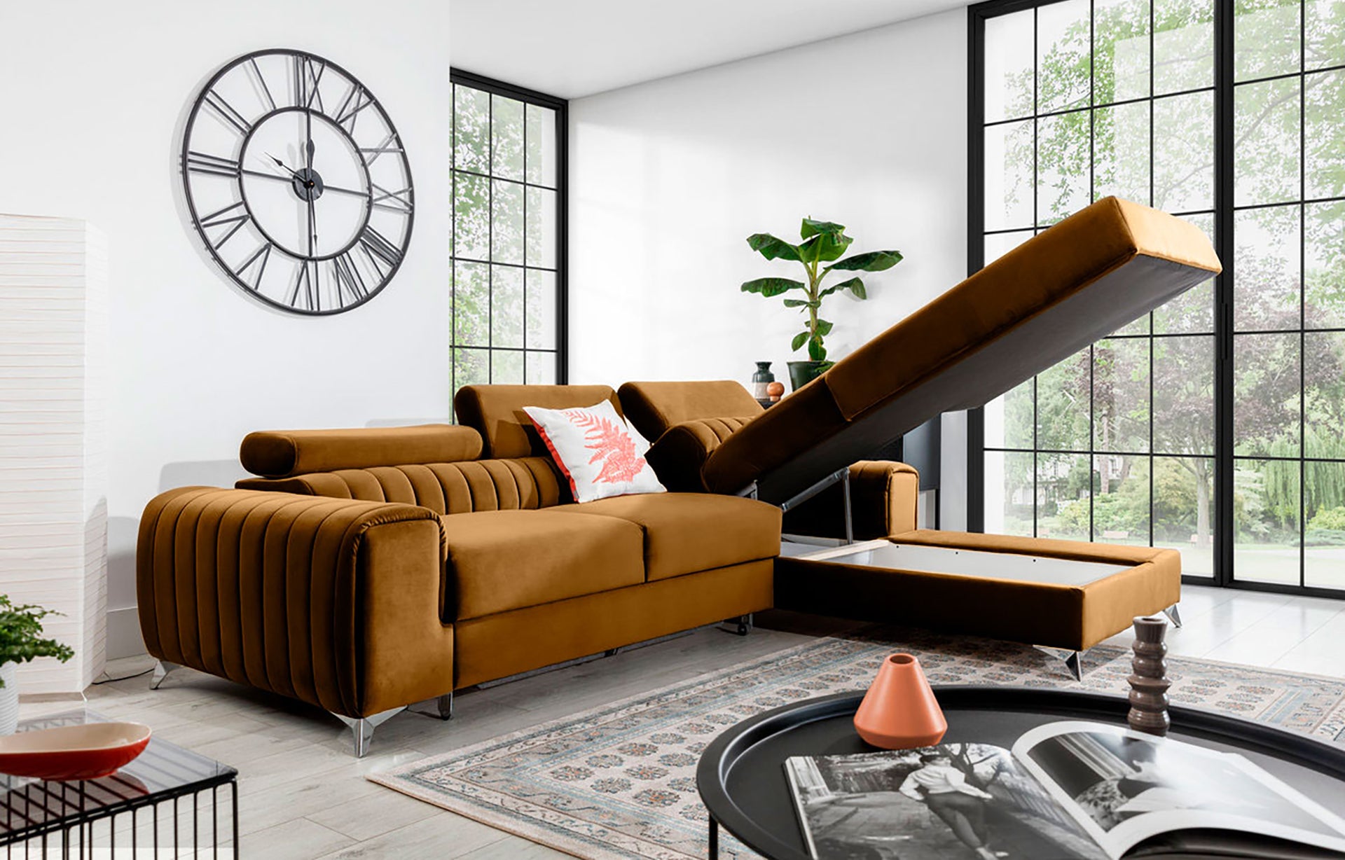 Narożnik Grayson Nube 45 żółty z otwartym pojemnikiem na pościel – praktyczny szezlong w układzie prawym.