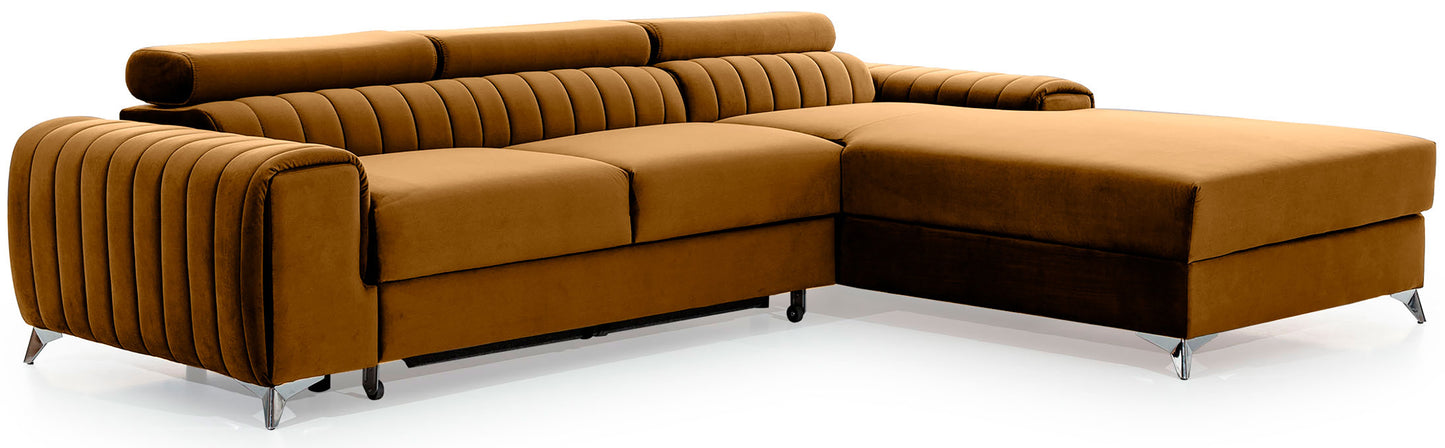 Narożnik Grayson Nube 45 żółty, układ prawy – widok z boku, ozdobne pionowe przeszycia i chromowane nóżki w nowoczesnym stylu.