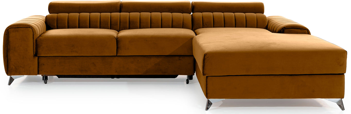 Narożnik Grayson w kolorze Nube 45 żółty, układ prawy – elegancki design z pionowymi przeszyciami i metalowymi nogami, widok z przodu.