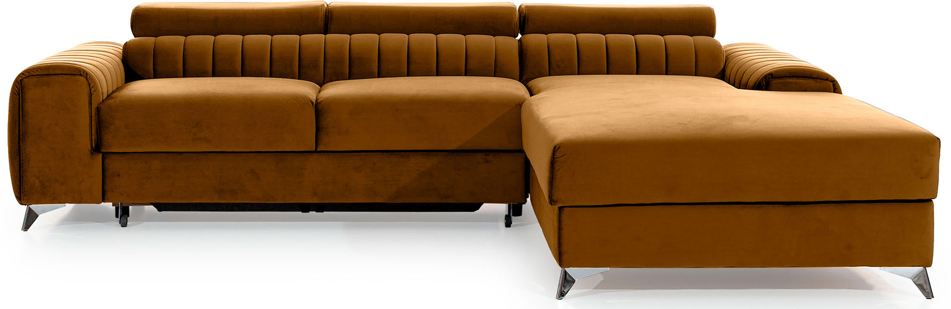 Narożnik Grayson w kolorze Nube 45 żółty, układ prawy – elegancki design z pionowymi przeszyciami i metalowymi nogami, widok z przodu.