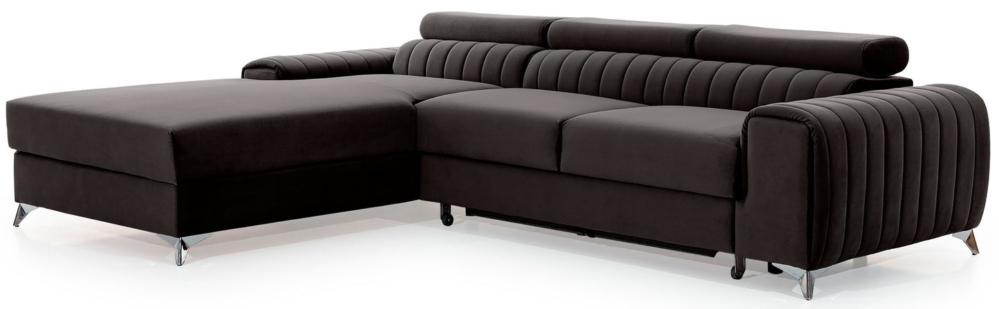 Narożnik Grayson Riviera 97 ciemnoszary, układ lewy – widok z boku, ozdobne pionowe przeszycia i chromowane nóżki w nowoczesnym stylu.