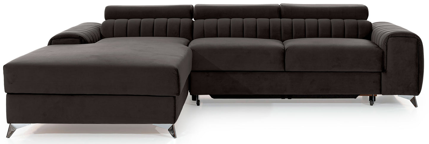 Narożnik Grayson w kolorze Riviera 97 ciemnoszary, układ lewy – nowoczesny design z pionowymi przeszyciami i metalowymi nogami, widok z przodu.