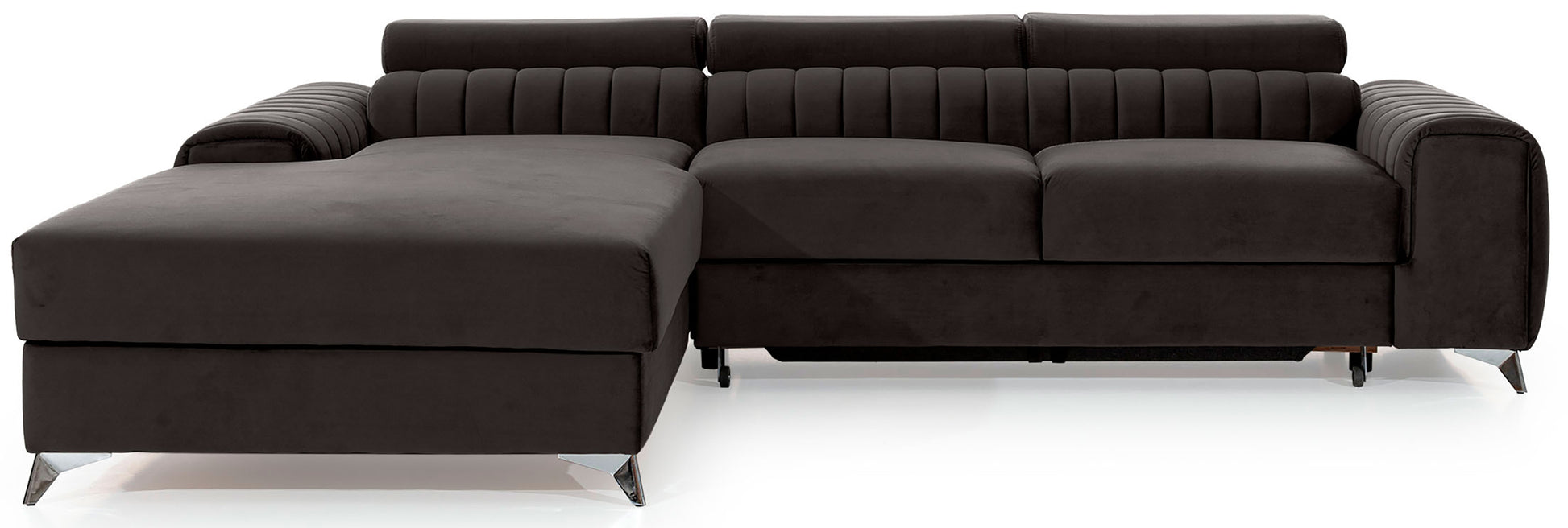 Narożnik Grayson w kolorze Riviera 97 ciemnoszary, układ lewy – nowoczesny design z pionowymi przeszyciami i metalowymi nogami, widok z przodu.