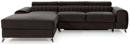 Narożnik Grayson w kolorze Riviera 97 ciemnoszary, układ lewy – nowoczesny design z pionowymi przeszyciami i metalowymi nogami, widok z przodu.