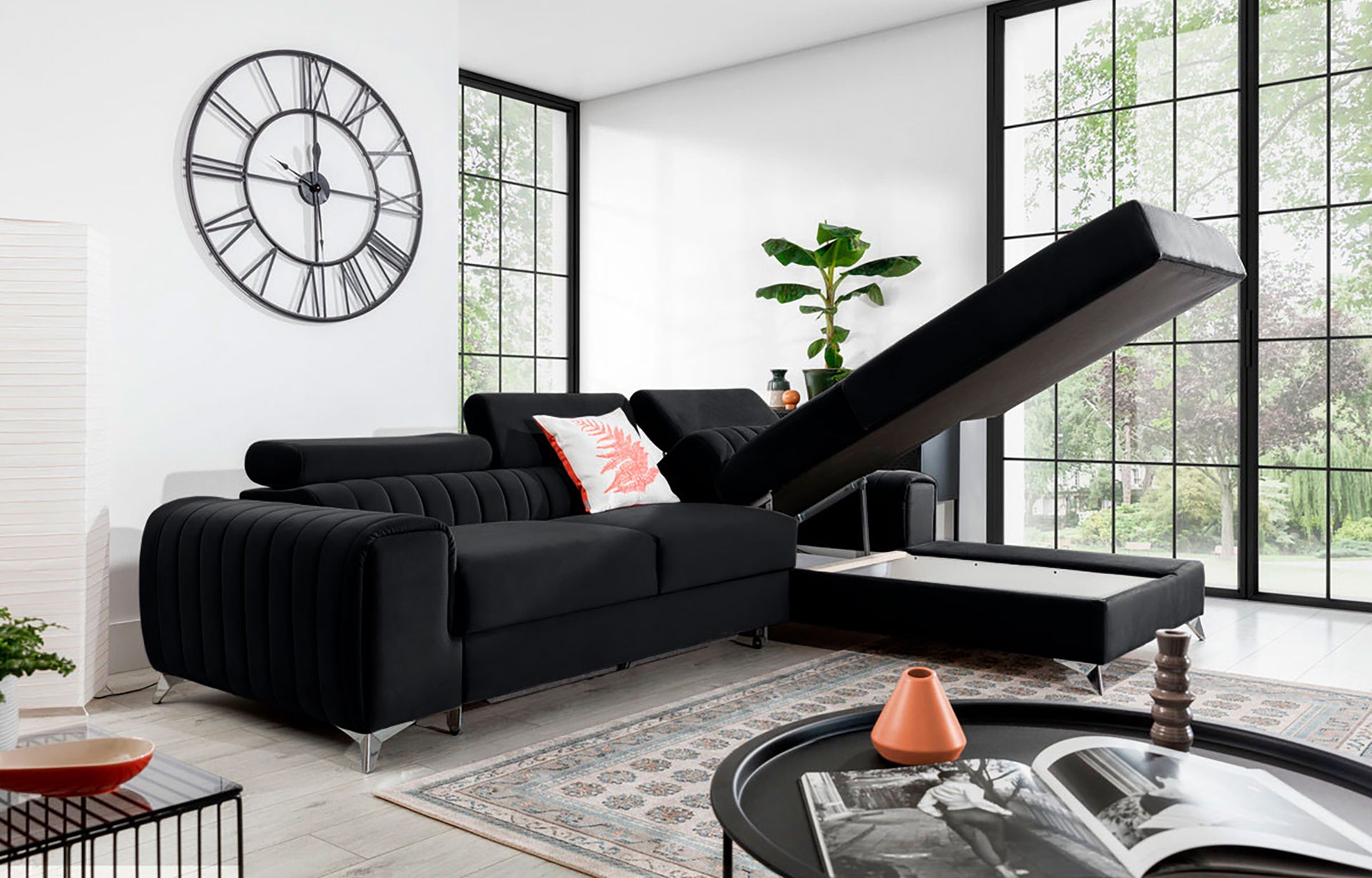 Narożnik Grayson Riviera 97 ciemnoszary z otwartym pojemnikiem na pościel – praktyczny szezlong w układzie prawym.