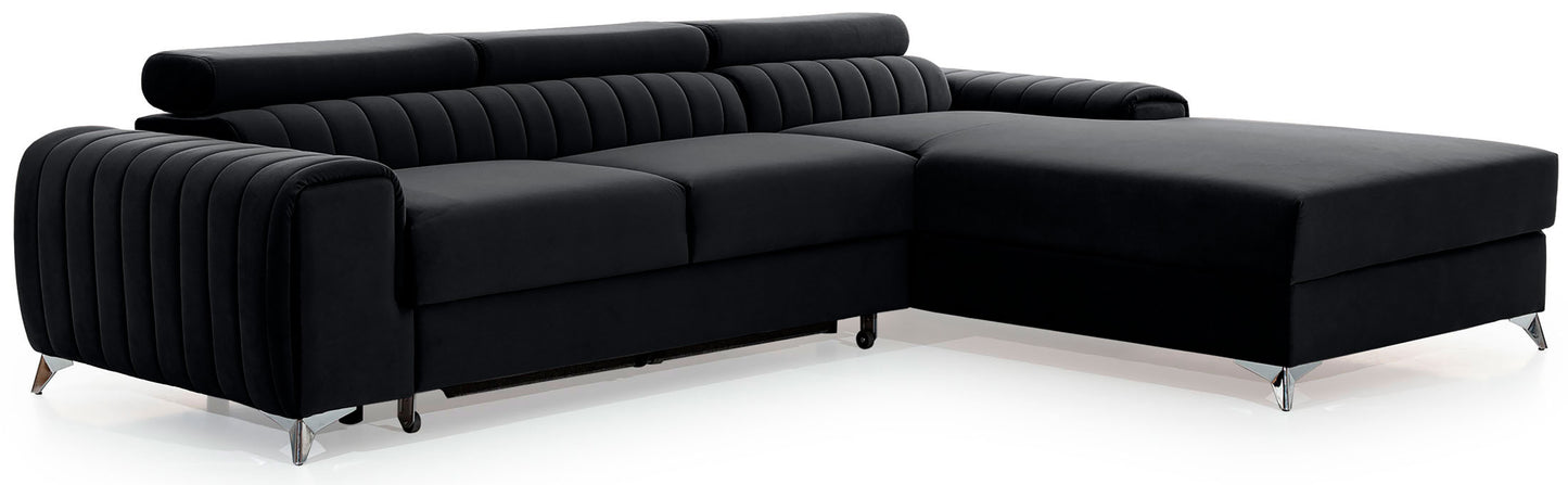 Narożnik Grayson Riviera 97 ciemnoszary, układ prawy – widok z boku, ozdobne pionowe przeszycia i chromowane nóżki w minimalistycznym stylu.