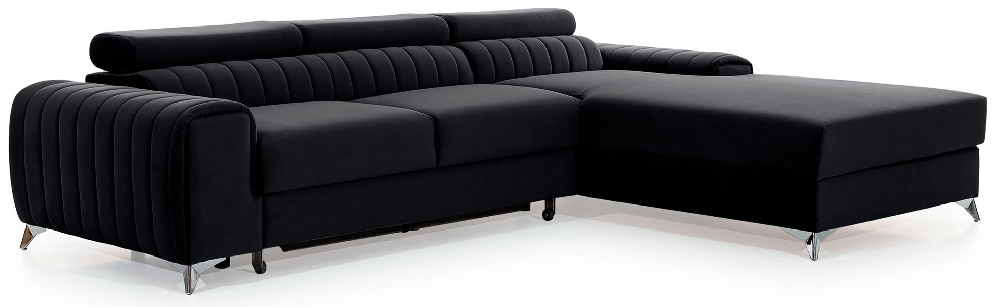 Narożnik Grayson Riviera 97 ciemnoszary, układ prawy – widok z boku, ozdobne pionowe przeszycia i chromowane nóżki w minimalistycznym stylu.