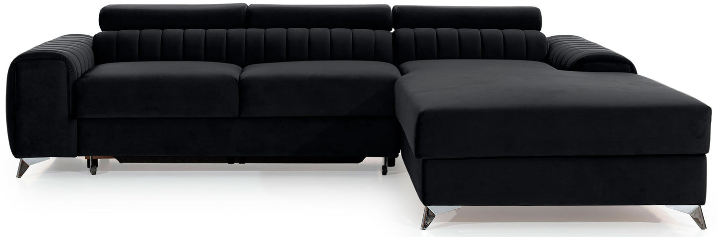 Narożnik Grayson w kolorze Riviera 97 ciemnoszary, układ prawy – nowoczesny design z pionowymi przeszyciami i metalowymi nogami, widok z przodu.