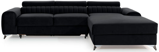 Narożnik Grayson w kolorze Riviera 97 ciemnoszary, układ prawy – nowoczesny design z pionowymi przeszyciami i metalowymi nogami, widok z przodu.