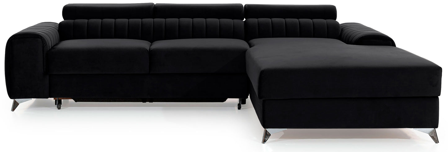 Narożnik Grayson w kolorze Velvetmat 10 czarny, układ prawy – elegancki design z pionowymi przeszyciami i metalowymi nogami, widok z przodu.