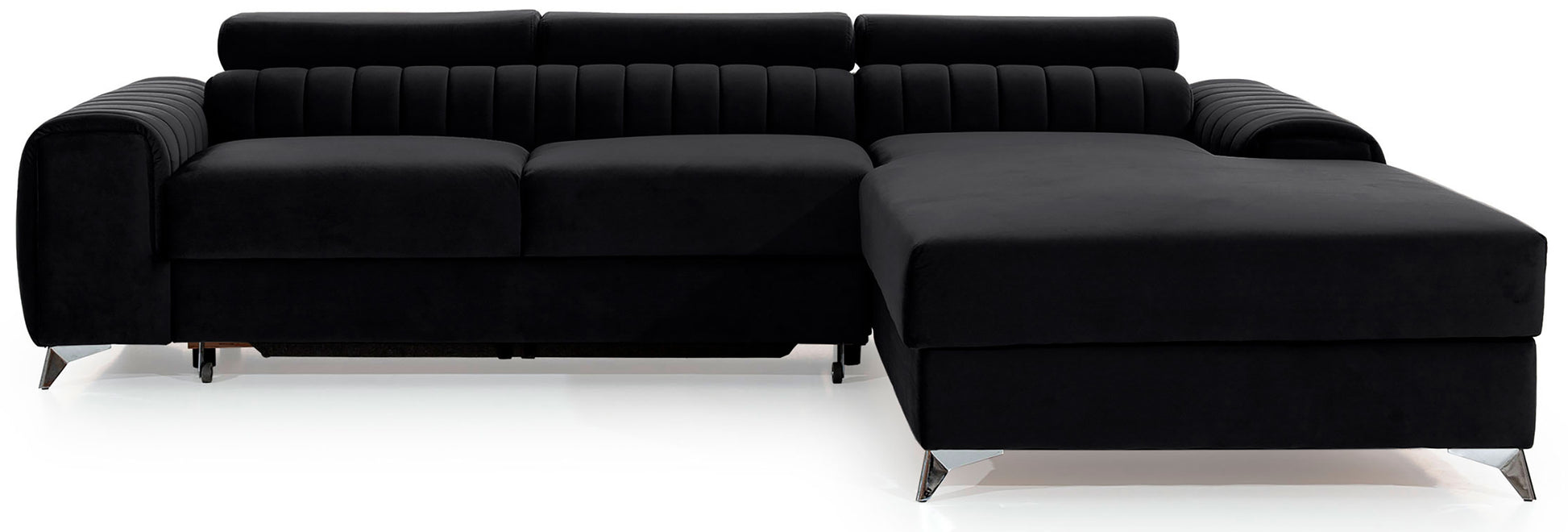 Narożnik Grayson w kolorze Velvetmat 10 czarny, układ prawy – elegancki design z pionowymi przeszyciami i metalowymi nogami, widok z przodu.