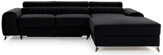 Narożnik Grayson w kolorze Velvetmat 10 czarny, układ prawy – elegancki design z pionowymi przeszyciami i metalowymi nogami, widok z przodu.