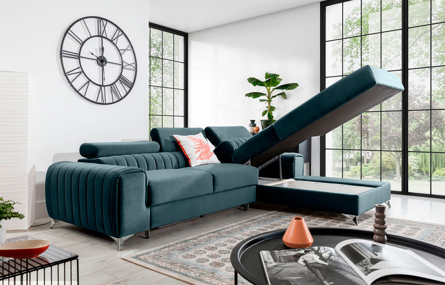 Narożnik Grayson Velvetmat 100 ciemnoszary z otwartym pojemnikiem na pościel – funkcjonalny szezlong w układzie prawym.