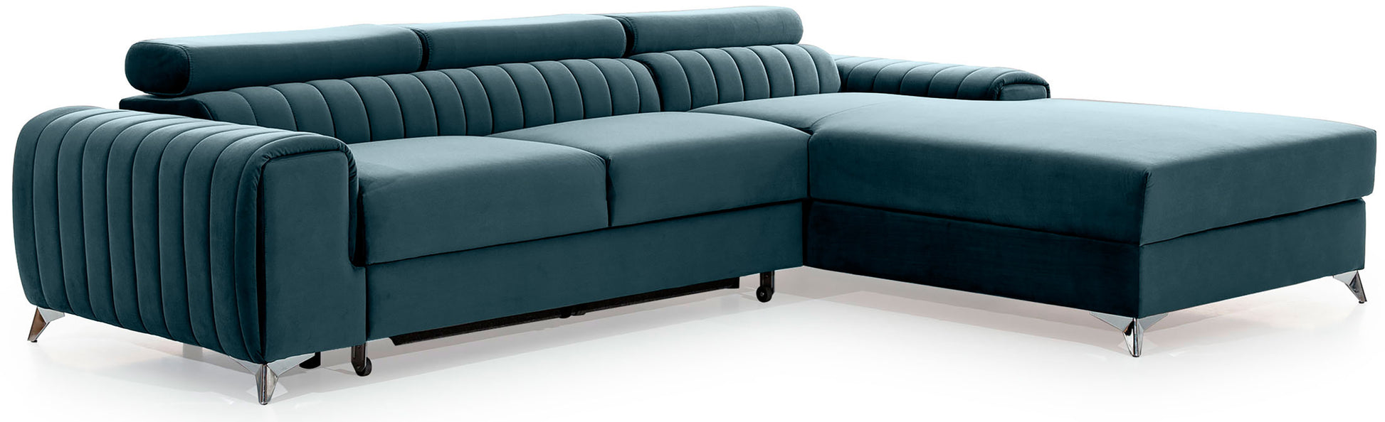 Narożnik Grayson Velvetmat 100 ciemnoszary, układ prawy – widok z boku, ozdobne pionowe przeszycia i chromowane nóżki w nowoczesnym stylu.