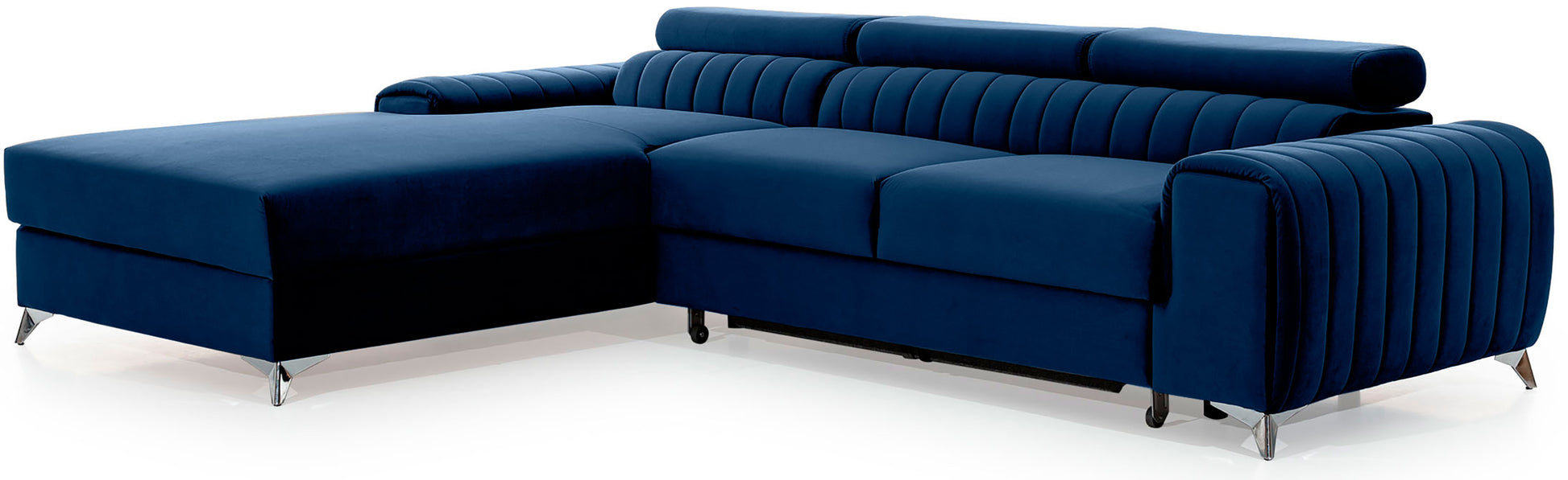 Narożnik Grayson Velvetmat 40 granatowy, układ lewy – widok z boku, ozdobne przeszycia i chromowane nóżki w nowoczesnym stylu.