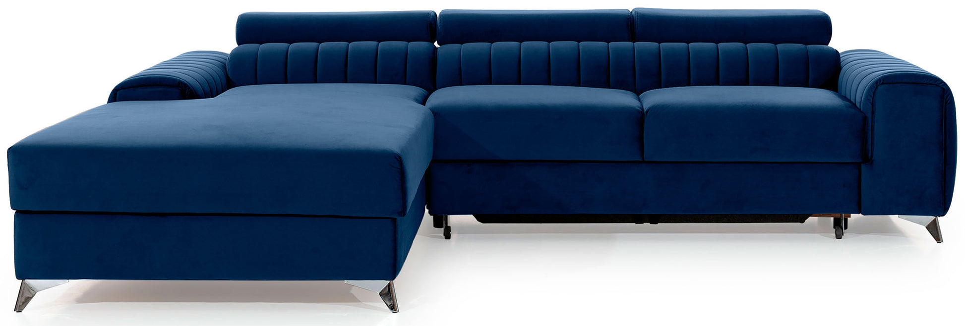 Narożnik Grayson w kolorze Velvetmat 40 granatowy, układ lewy – elegancki design z pionowymi przeszyciami i metalowymi nogami, widok z przodu.