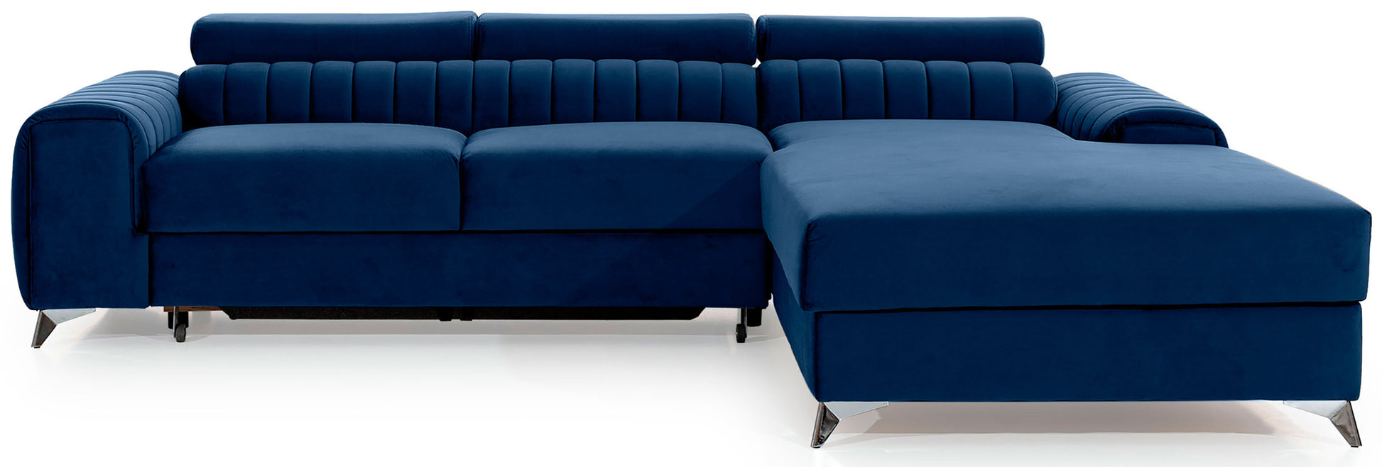 Narożnik Grayson w kolorze Nube 40 granatowy, układ prawy – elegancki design z pionowymi przeszyciami i metalowymi nogami, widok z przodu.