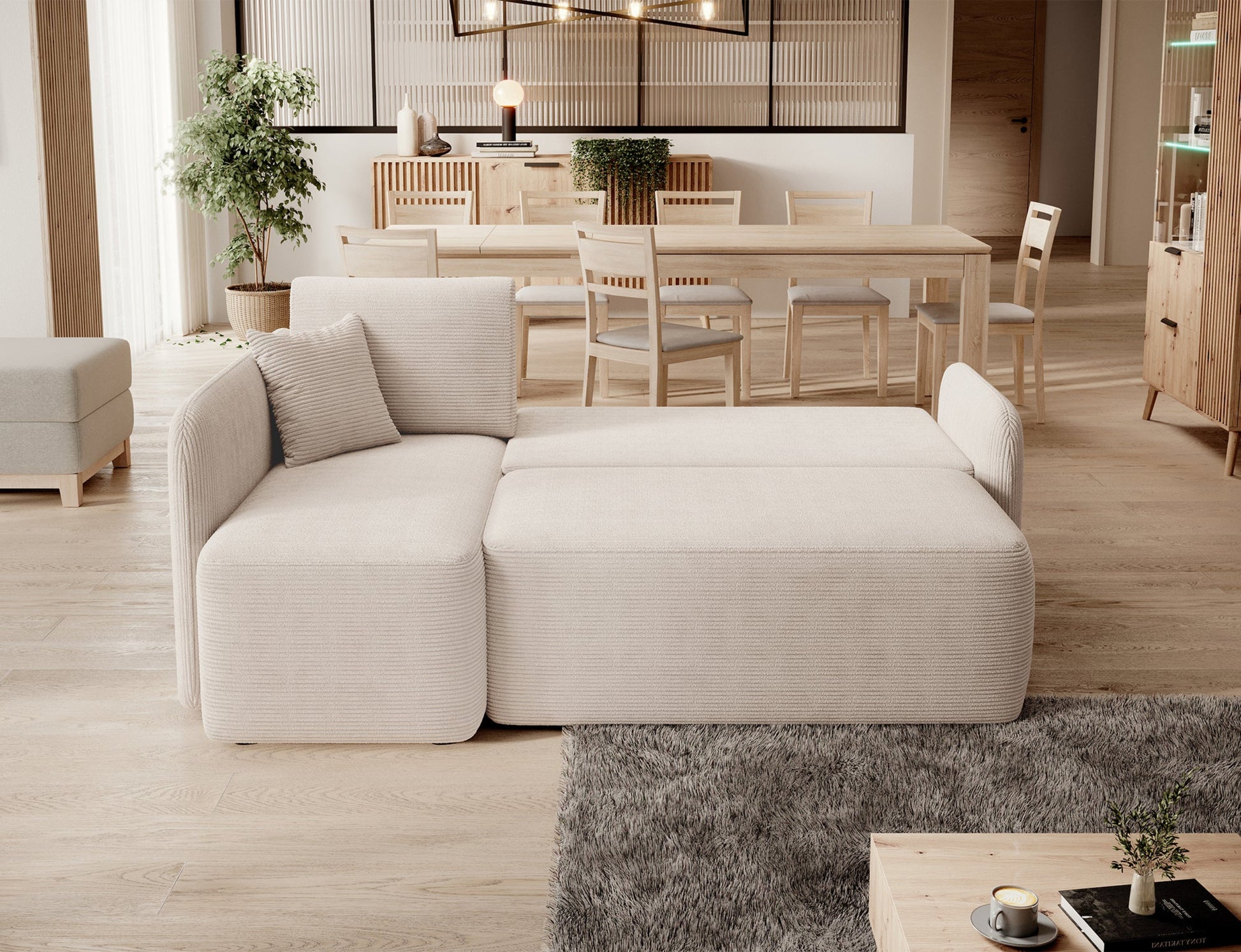 Narożnik Hadson w kolorze Jarell 18 beżowy rozłożony do funkcji spania, układ lewy.