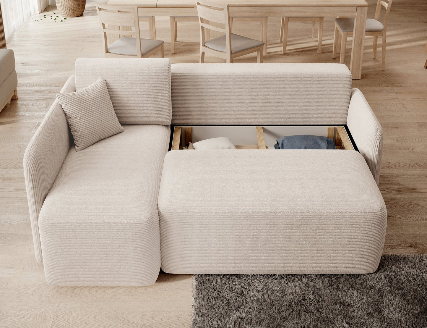 Pojemnik na pościel w narożniku Hadson Jarell 18 beżowy w układzie lewym, widok z góry.