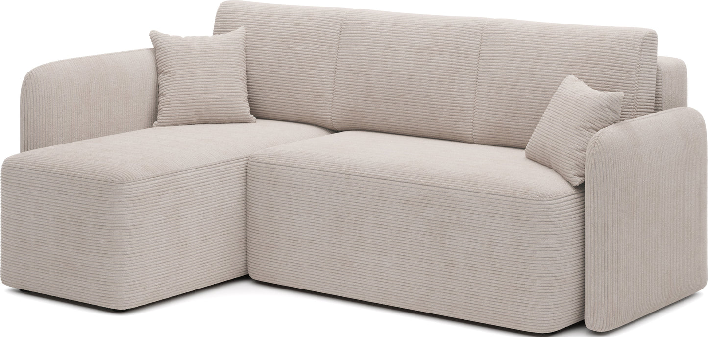 Narożnik Hadson w kolorze Jarell 18 beżowy w układzie lewym, widok z przodu na tle białego tła.