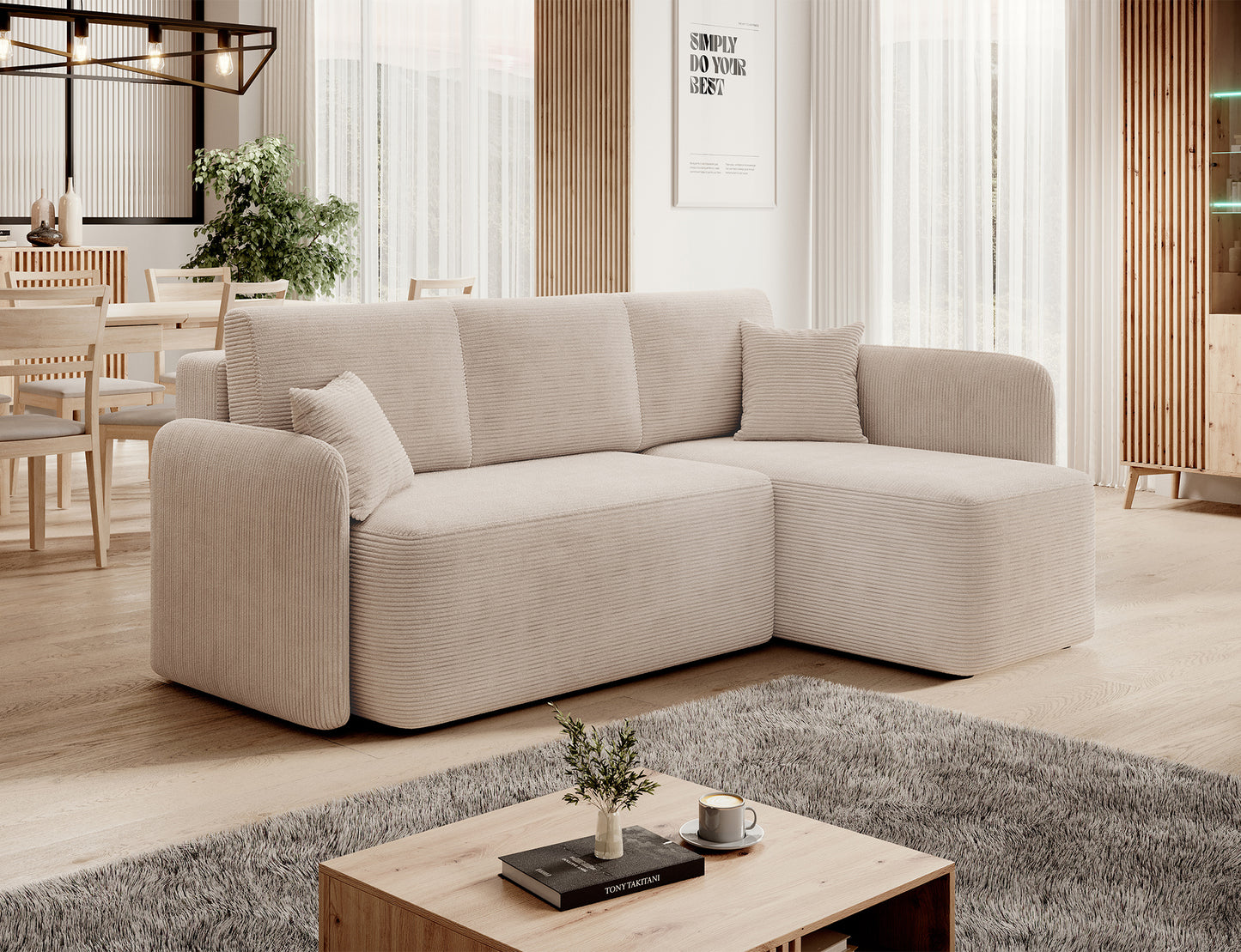 Jasny narożnik sztruksowy w przestronnym salonie – połączenie wygody i stylu Home and Garden.