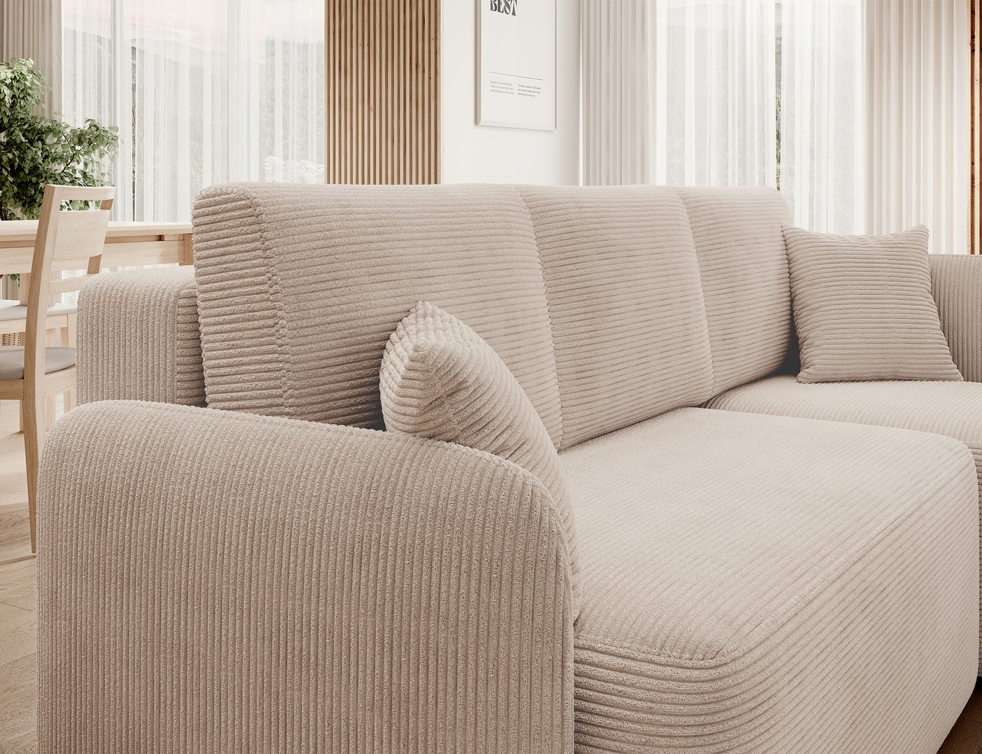 Narożnik z szerokim oparciem i tapicerką sztruksową – tekstura i komfort.