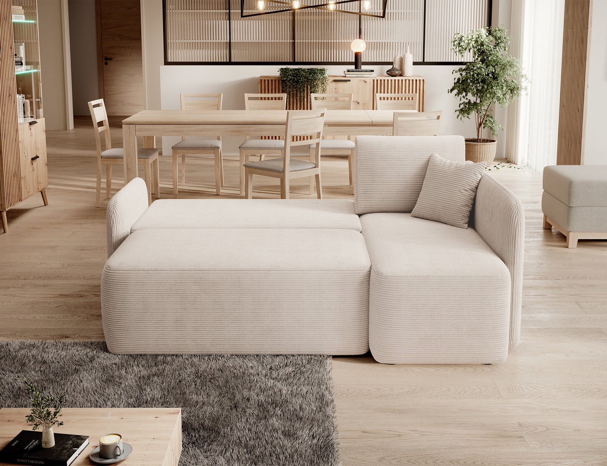 Nowoczesny narożnik z tkaniny sztruksowej w jasnym wnętrzu – styl skandynawski i naturalne kolory.