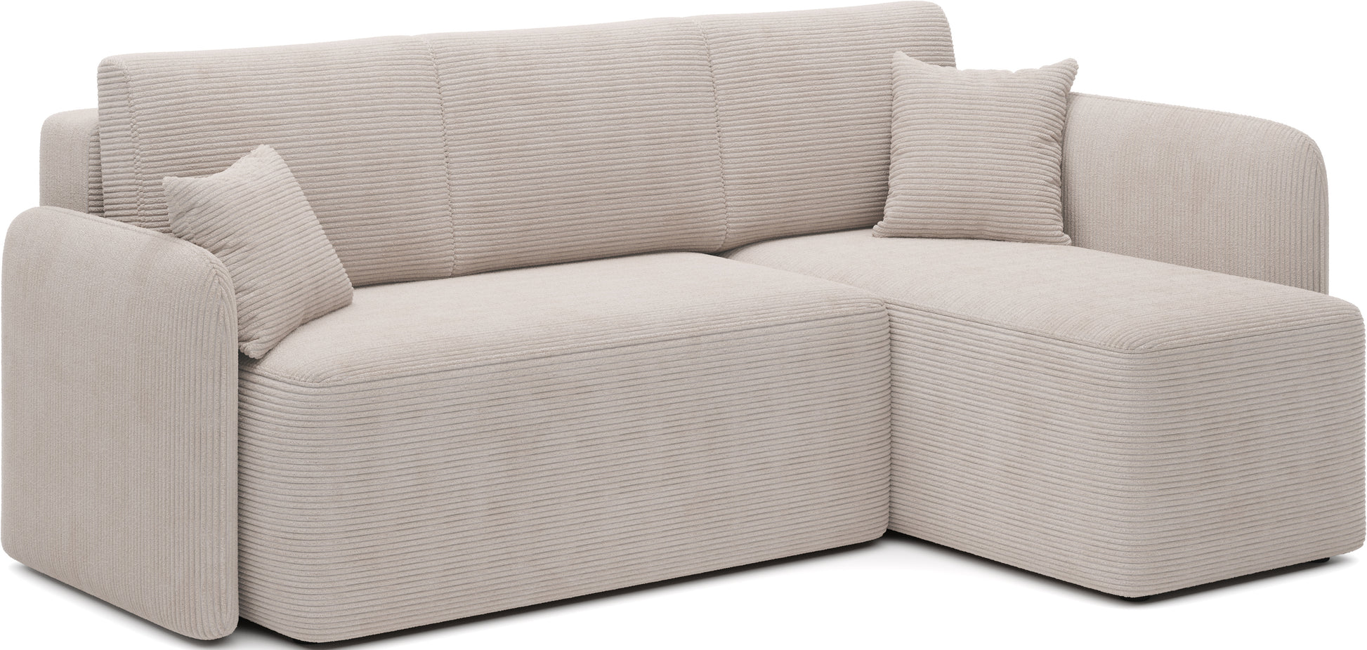 Narożnik tapicerowany tkaniną sztruksową w jasnym kolorze z szezlongiem po prawej stronie – stylowy mebel do salonu