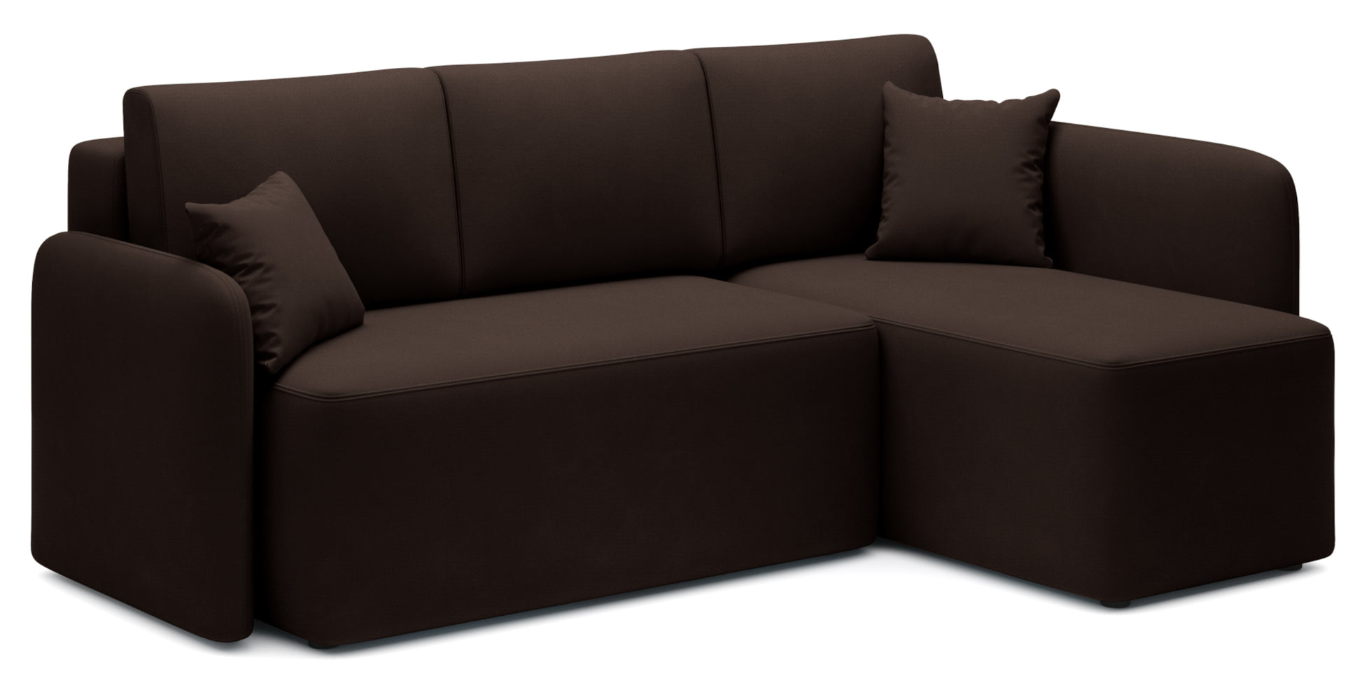 Ciemnobrązowy narożnik tapicerowany z szezlongiem po lewej stronie i poduszkami – elegancka sofa do salonu
