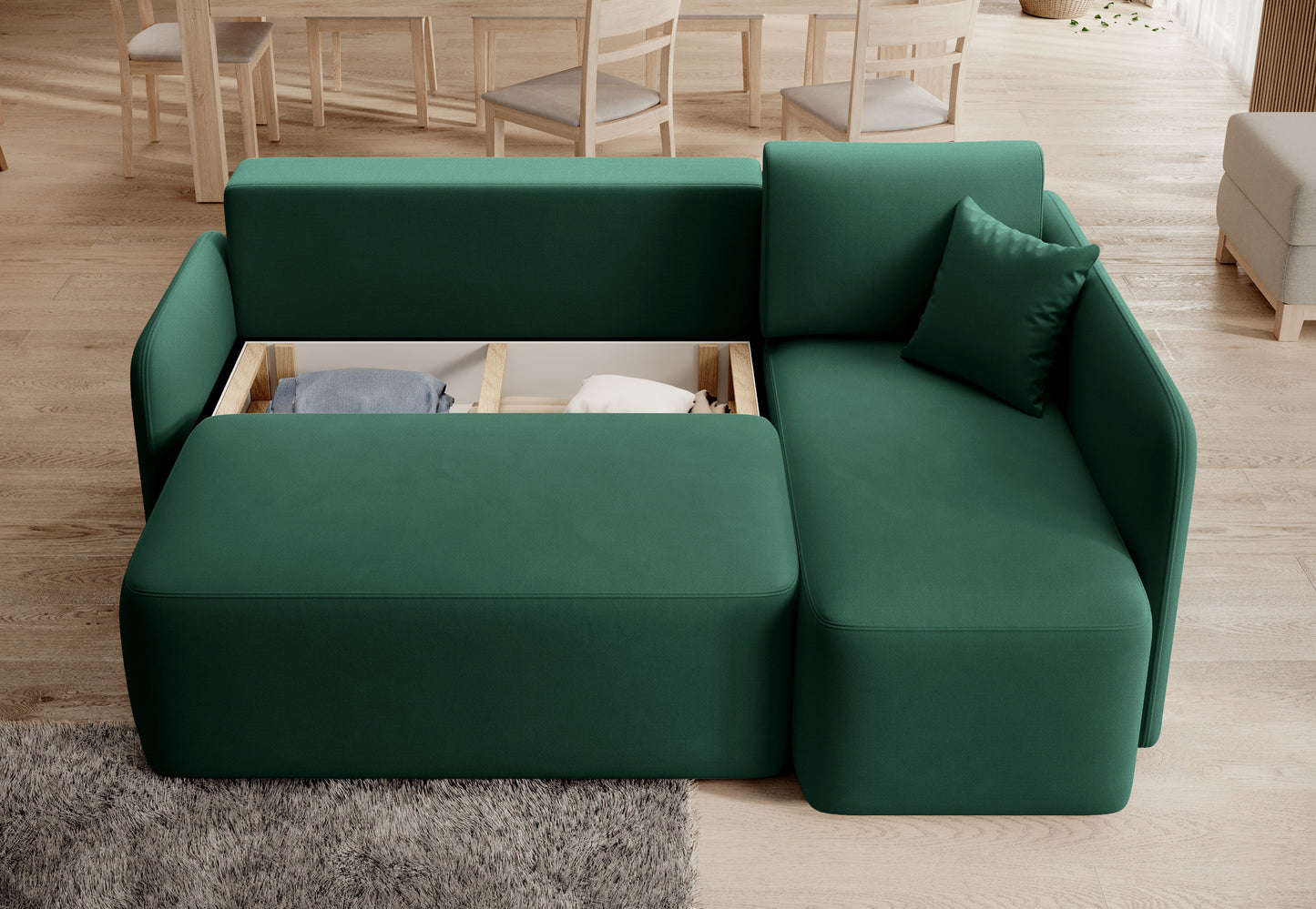 Otwarty pojemnik na pościel w narożniku Hadson w kolorze zielonym, układ prawy.