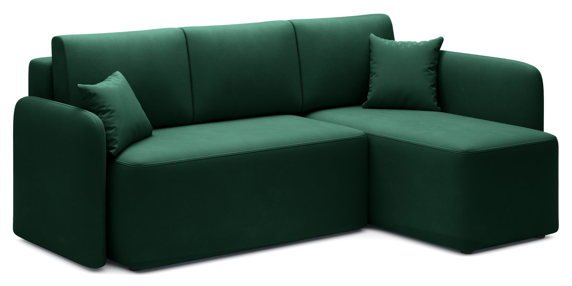 Narożnik Hadson w kolorze Lukso 35 zielony w układzie prawym, nowoczesny design z poduszkami oparciowymi.