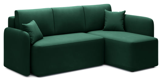 Narożnik Hadson w kolorze Lukso 35 zielony w układzie prawym, nowoczesny design z poduszkami oparciowymi.