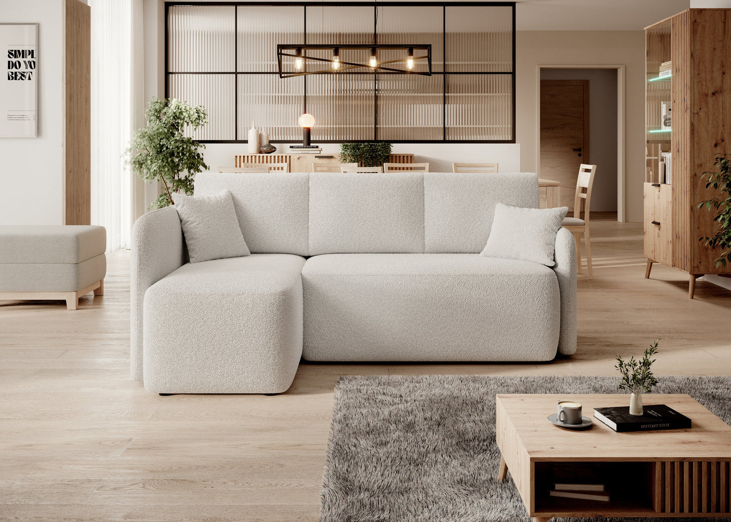 Sofa narożna w otwartym wnętrzu z kuchnią i jadalnią – styl skandynawski, Home and Garden.