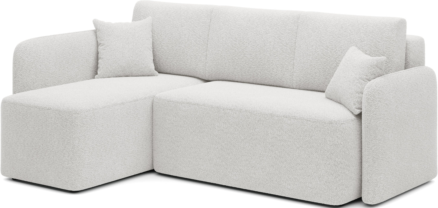 Jasny narożnik tapicerowany z szezlongiem po prawej stronie – nowoczesna sofa do salonu.