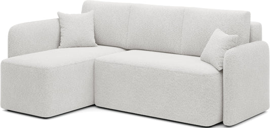 Jasny narożnik tapicerowany z szezlongiem po prawej stronie – nowoczesna sofa do salonu.