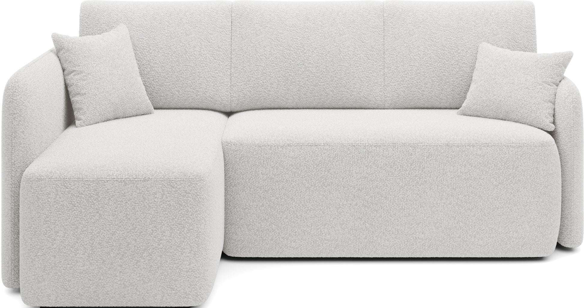 Nowoczesny narożnik z poduszkami, tapicerowany w jasnym odcieniu – idealny do codziennego wypoczynku.