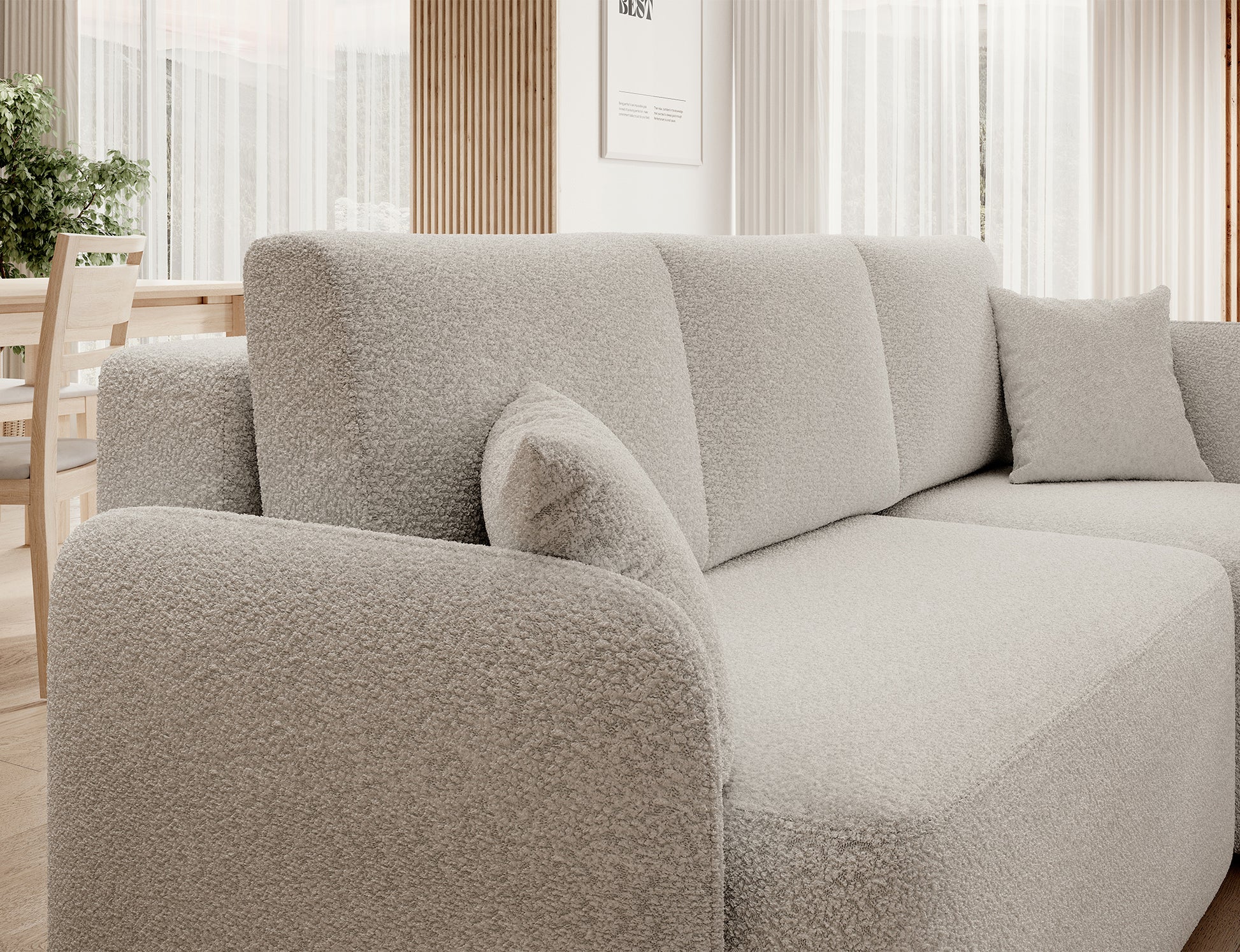 Jasna sofa narożna z miękkimi poduchami – komfortowe wykończenie Home and Garden.