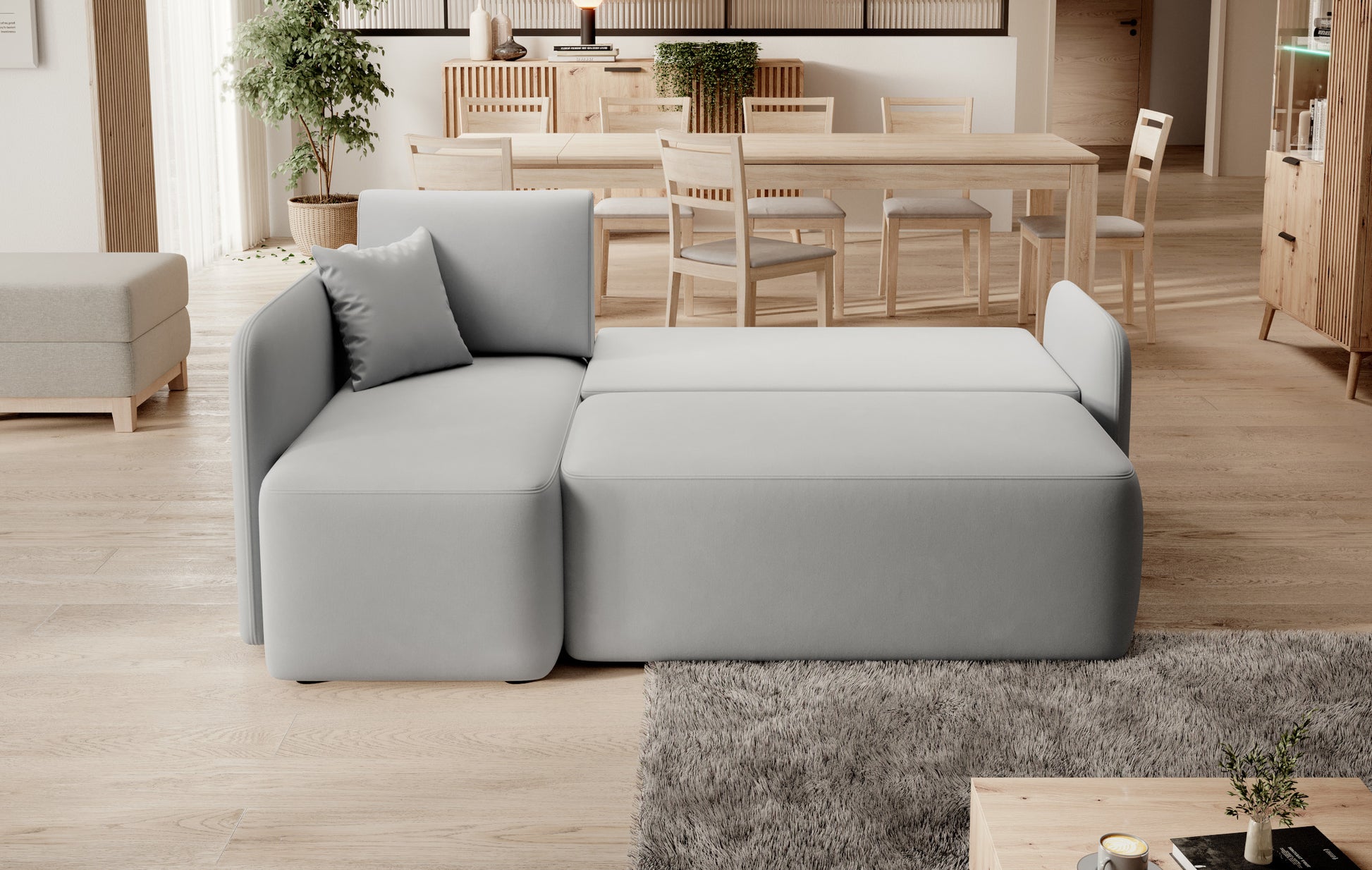 Rozłożony narożnik Hadson w kolorze Sola 04 jasnoszary, pokazany w funkcji spania w układzie lewym.